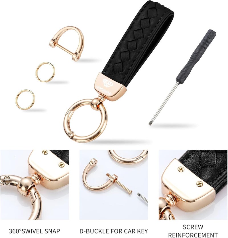 Hamdecro Store Genuine Leather Car Keychain, Handmade Knit Sheepskin Key chains for Women, Universal Key Fob Holder with 360 Degree Rotatable, Anti-Lost D-Ring, 2 Keyrings and 1 Screwdriver – Black - Image 3